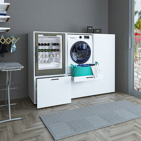 Roomart • Schrankwand für Hauswirtschaftsraum • Washturm Mit Schubladen und Ausziehbrett • Weiß • Schwarz Eiche - waschmaschinenschrank, washmaschinenschrank, wachmachinenschrank, waschmaschinenüberbau, waschmaschine trockner schrank, waschmaschine schran