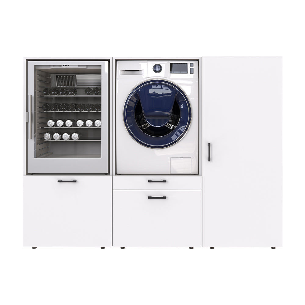 Roomart • Schrankwand für Hauswirtschaftsraum • Washturm Mit Schubladen und Ausziehbrett • Weiß • Schwarz Eiche - waschmaschinenschrank, washmaschinenschrank, wachmachinenschrank, waschmaschinenüberbau, waschmaschine trockner schrank, waschmaschine schran