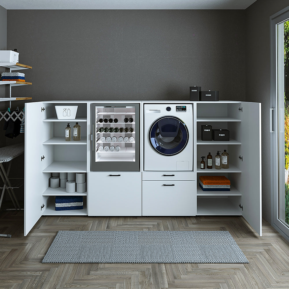 Roomart • Schrankwand für Hauswirtschaftsraum • Washturm Mit Schubladen und Ausziehbrett • Weiß • Schwarz Eiche - waschmaschinenschrank, washmaschinenschrank, wachmachinenschrank, waschmaschinenüberbau, waschmaschine trockner schrank, waschmaschine schran