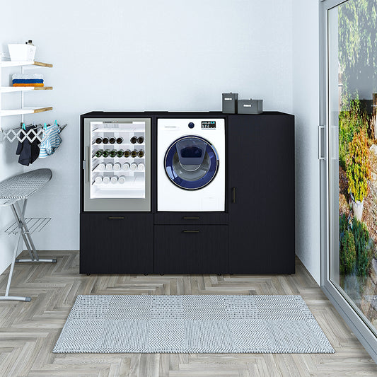 Roomart • Schrankwand für Hauswirtschaftsraum • Washturm Mit Schubladen und Ausziehbrett • Weiß • Schwarz Eiche - waschmaschinenschrank, washmaschinenschrank, wachmachinenschrank, waschmaschinenüberbau, waschmaschine trockner schrank, waschmaschine schran