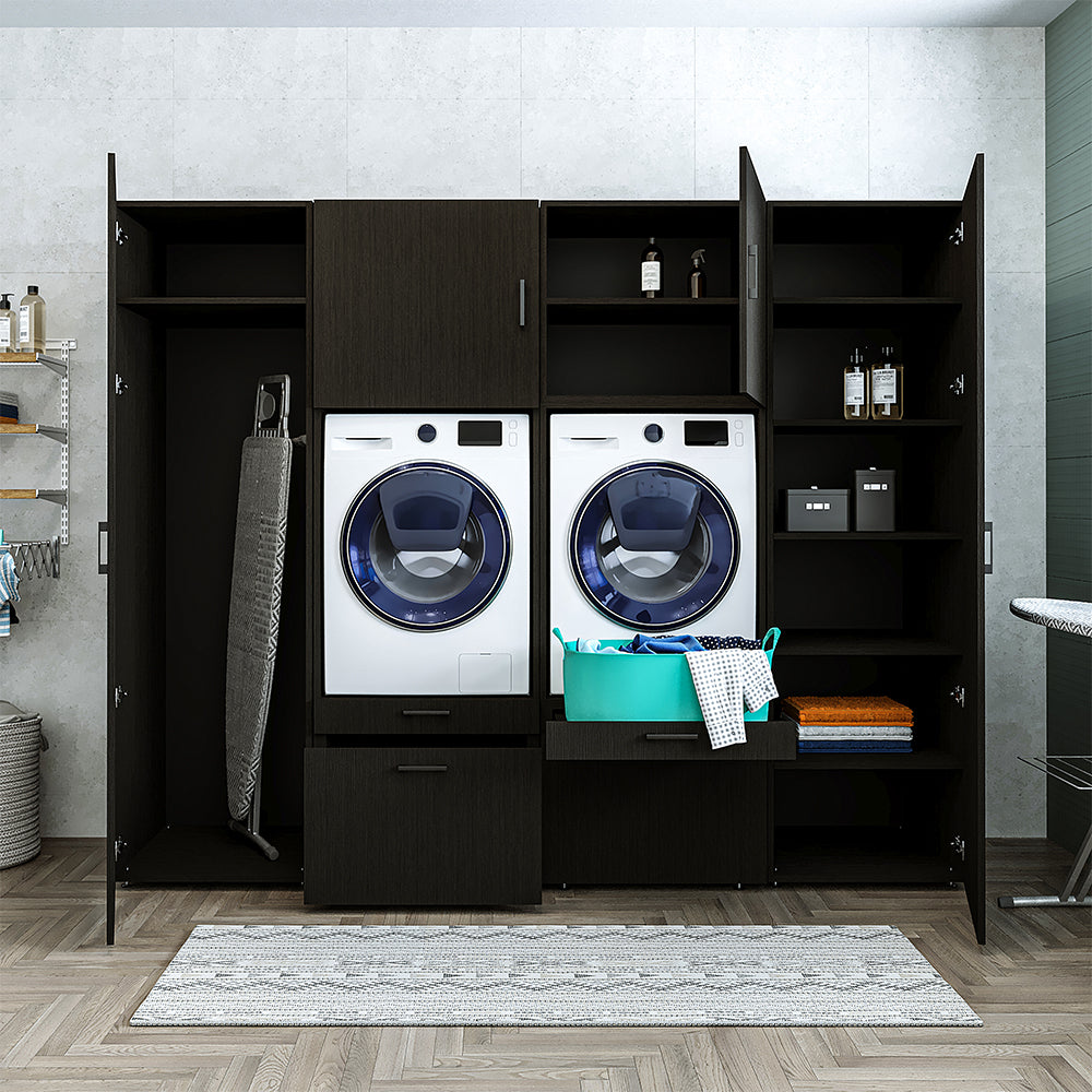 Roomart • Pensile per lavatrice Ripostiglio e lavanderia • Con cassetti e ripiano estraibile • Larghezza 254 cm • Bianco • Rovere nero