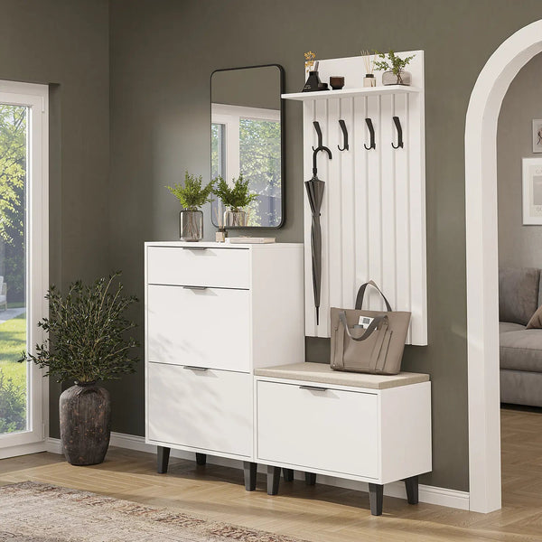 Roomart 4-teiliges Garderobenset NORD, mit Schuhschrank, Sitzbank mit Schuhklappe, Garderobenpaneel 130 cm und Spiegel, in 2 Farben
