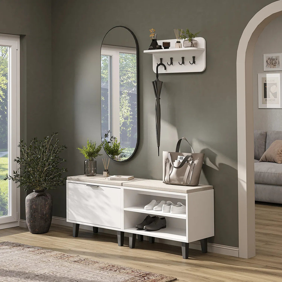 Roomart 4-teiliges Garderobenset NORD in Weiß mit Sitzbank mit Schuhklappe, offener Sitzbank, Wandgarderobe und ovalem Spiegel im Flur