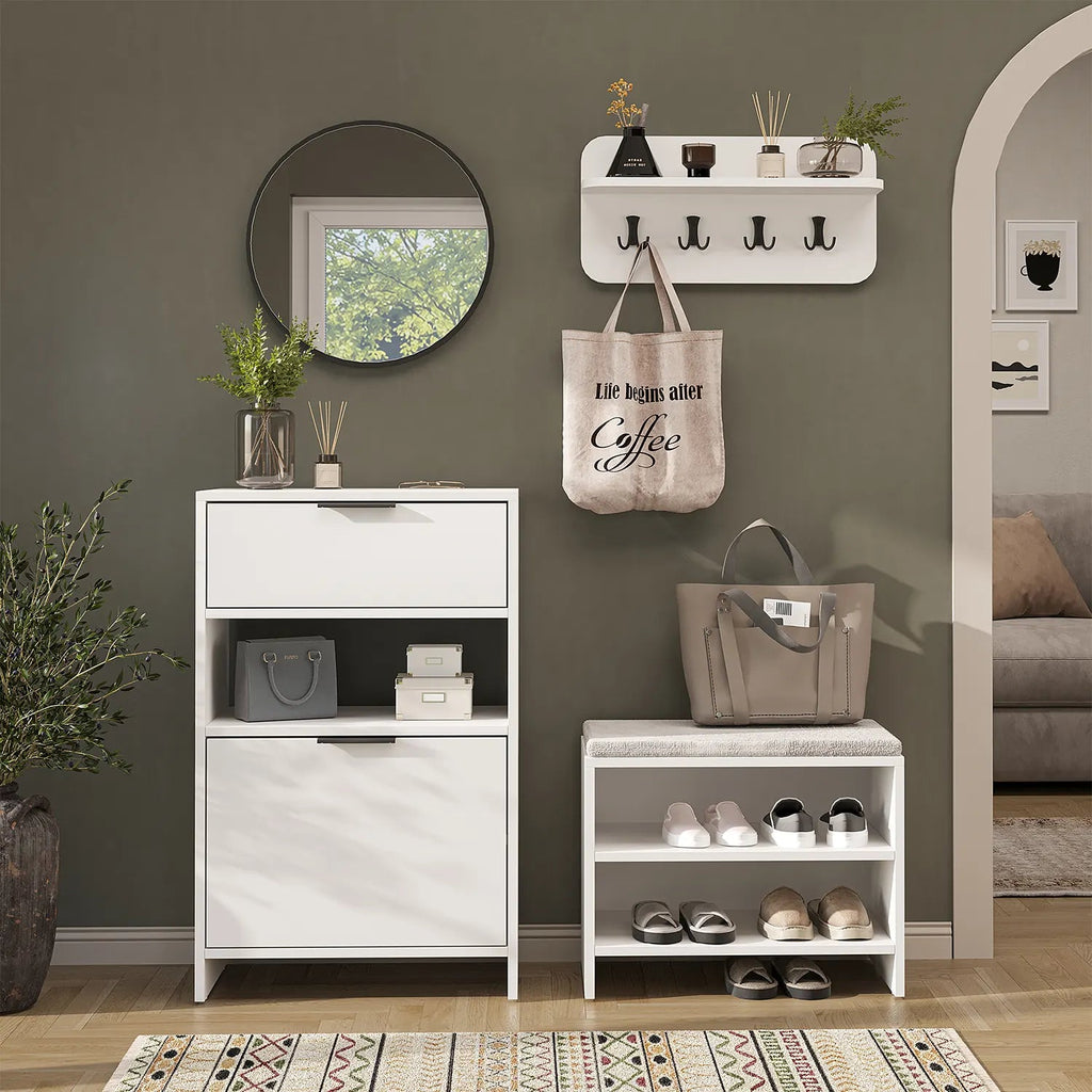 Roomart 4-teiliges Garderobenset LENA in Weiß mit Schuhschrank, Sitzbank, Wandgarderobe und rundem Spiegel im Flur