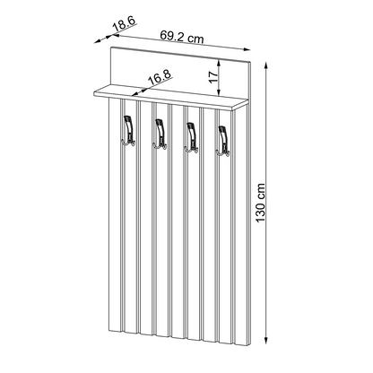 Technische Zeichnung Garderobenpaneel NORD 69,2 x 18,6 x 130 cm