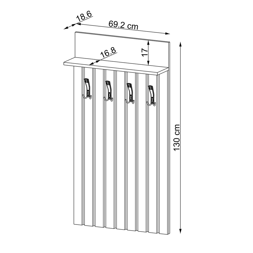 Technische Zeichnung Garderobenpaneel NORD 69,2 x 18,6 x 130 cm
