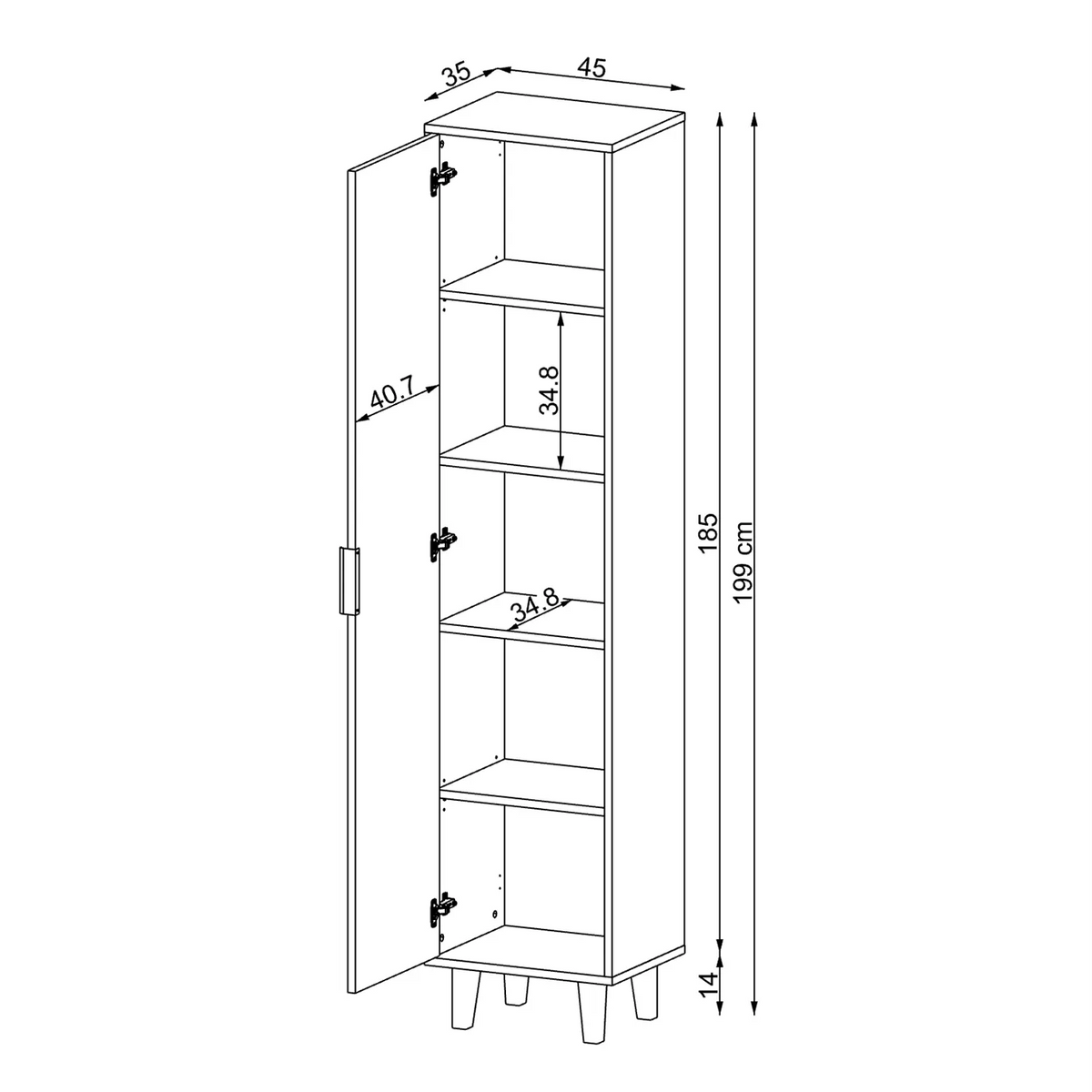 Technische Zeichnung Hochschrank NORD 45 x 35 x 199 cm
