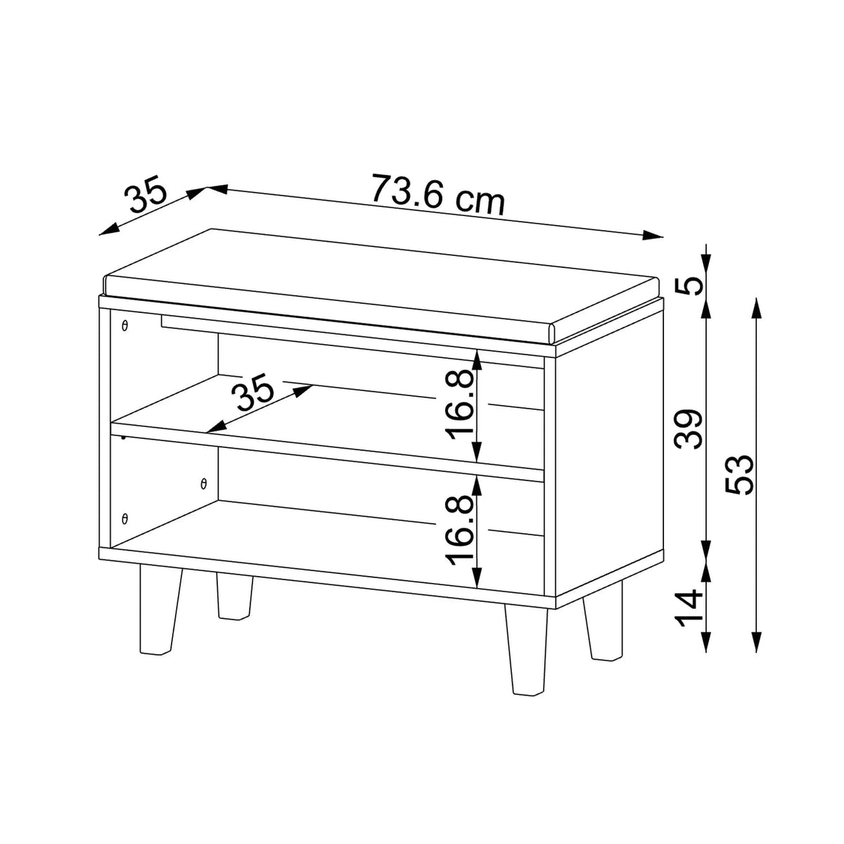 Technische Zeichnung Sitzbank NORD 73,6 x 35 x 53 cm mit 2 offenen Fächern