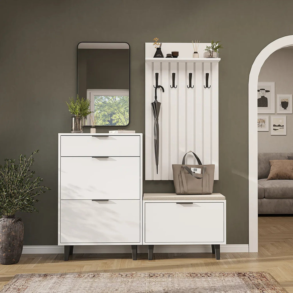 Roomart 4-teiliges Garderobenset NORD in Weiß mit Schuhschrank, Sitzbank mit Schuhklappe, Garderobenpaneel und Spiegel im Flur