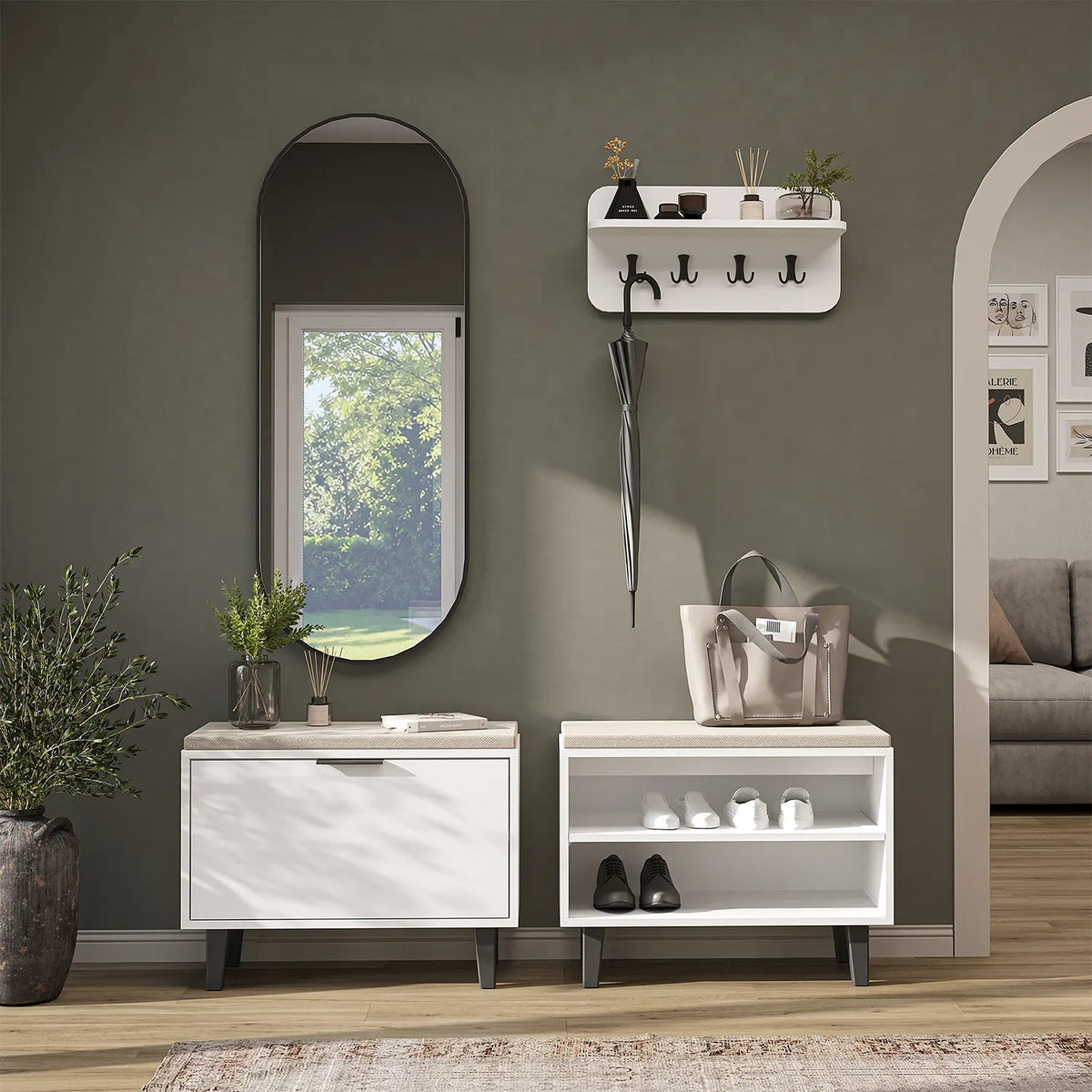 Roomart 4-teiliges Garderobenset NORD in Weiß mit Sitzbank mit Schuhklappe, offener Sitzbank, Wandgarderobe und ovalem Spiegel im Flur