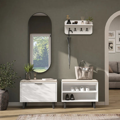 Roomart 4-teiliges Garderobenset NORD in Weiß mit Sitzbank mit Schuhklappe, offener Sitzbank, Wandgarderobe und ovalem Spiegel im Flur