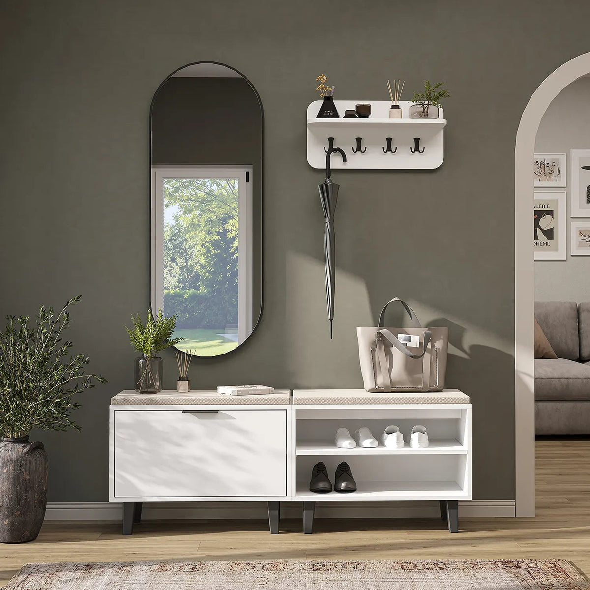 Roomart 4-teiliges Garderobenset NORD, mit 2 Sitzbänken (offen und mit Schuhklappe), Wandgarderobe und ovalem Spiegel, in 2 Farben