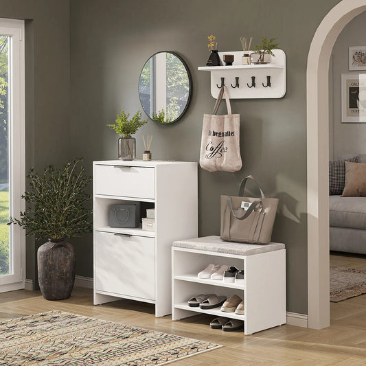 Roomart 4-teiliges Garderobenset LENA, mit Schuhschrank, Sitzbank, Wandgarderobe und rundem Spiegel, in 2 Farben