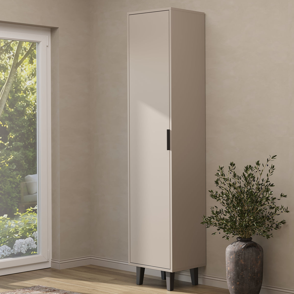 Hochschrank NORD neben Schuhschrank und Garderobenpaneel der Serie NORD