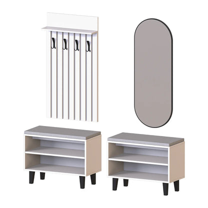 Roomart 4-teiliges Garderobenset NORD, mit 2 Sitzbänken, Garderobenpaneel und ovalem Spiegel, in 2 Farben