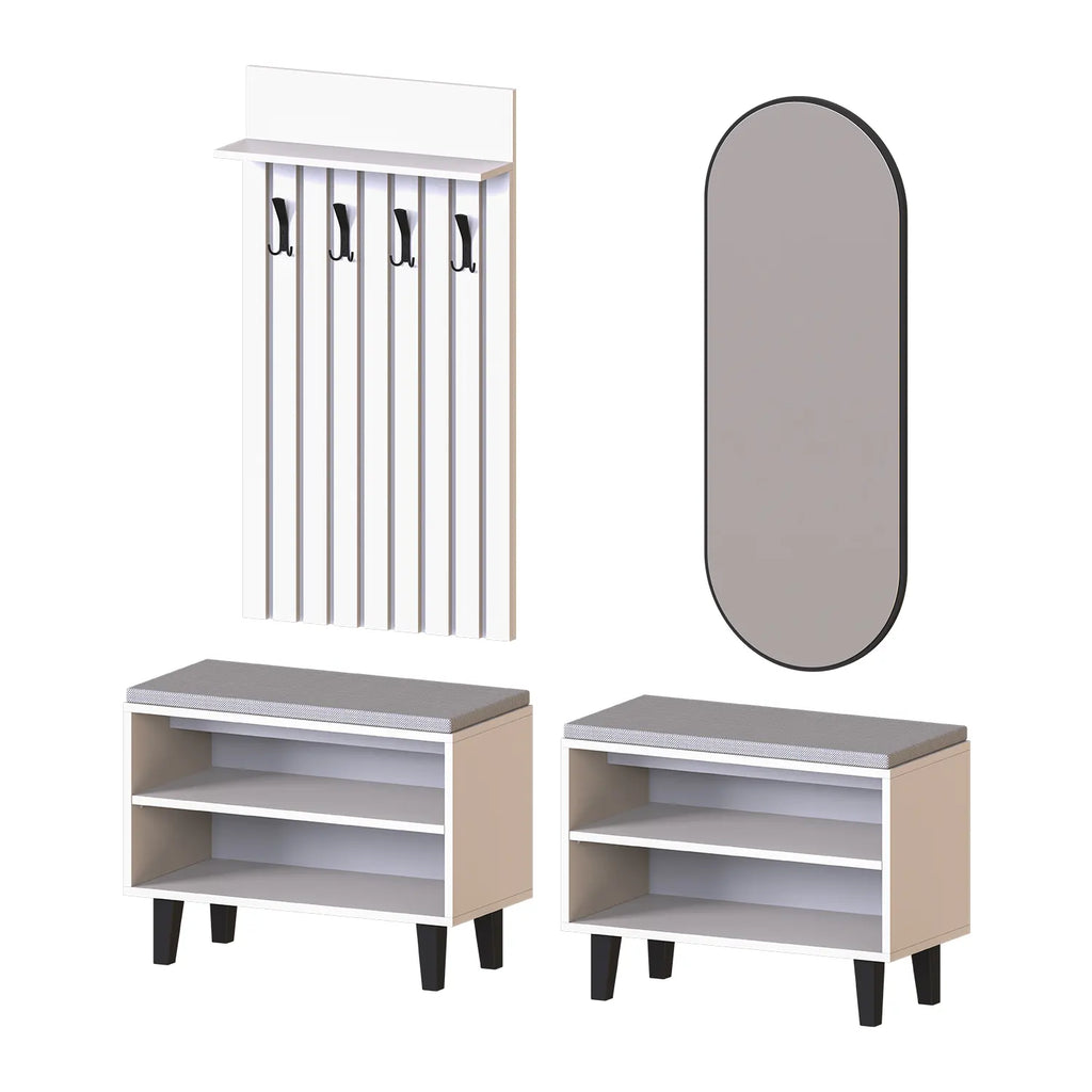Roomart 4-teiliges Garderobenset NORD, mit 2 Sitzbänken, Garderobenpaneel und ovalem Spiegel, in 2 Farben