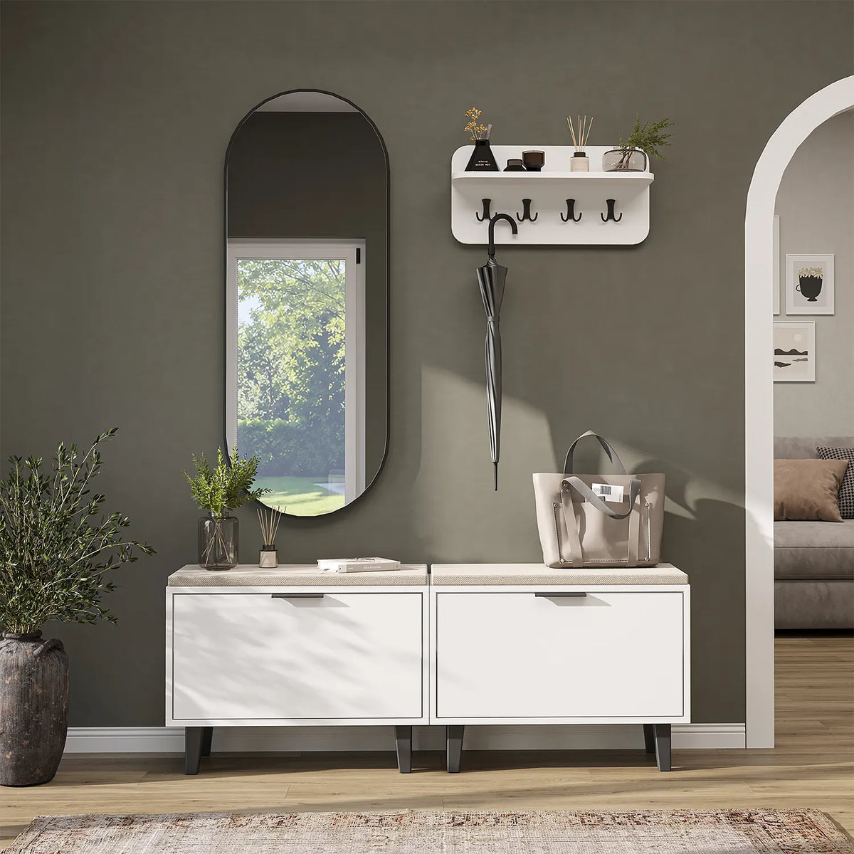 Roomart 4-teiliges Garderobenset NORD in Weiß mit 2 Sitzbänken mit Schuhklappe, Wandgarderobe und ovalem Spiegel im Flur