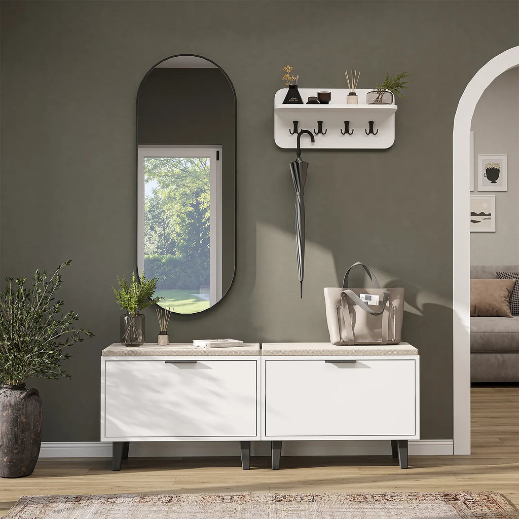 Roomart 4-teiliges Garderobenset NORD in Weiß mit 2 Sitzbänken mit Schuhklappe, Wandgarderobe und ovalem Spiegel im Flur