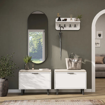 Roomart 4-teiliges Garderobenset NORD, mit 2 Sitzbänken mit Schuhklappe, Wandgarderobe und ovalem Spiegel, in 2 Farben