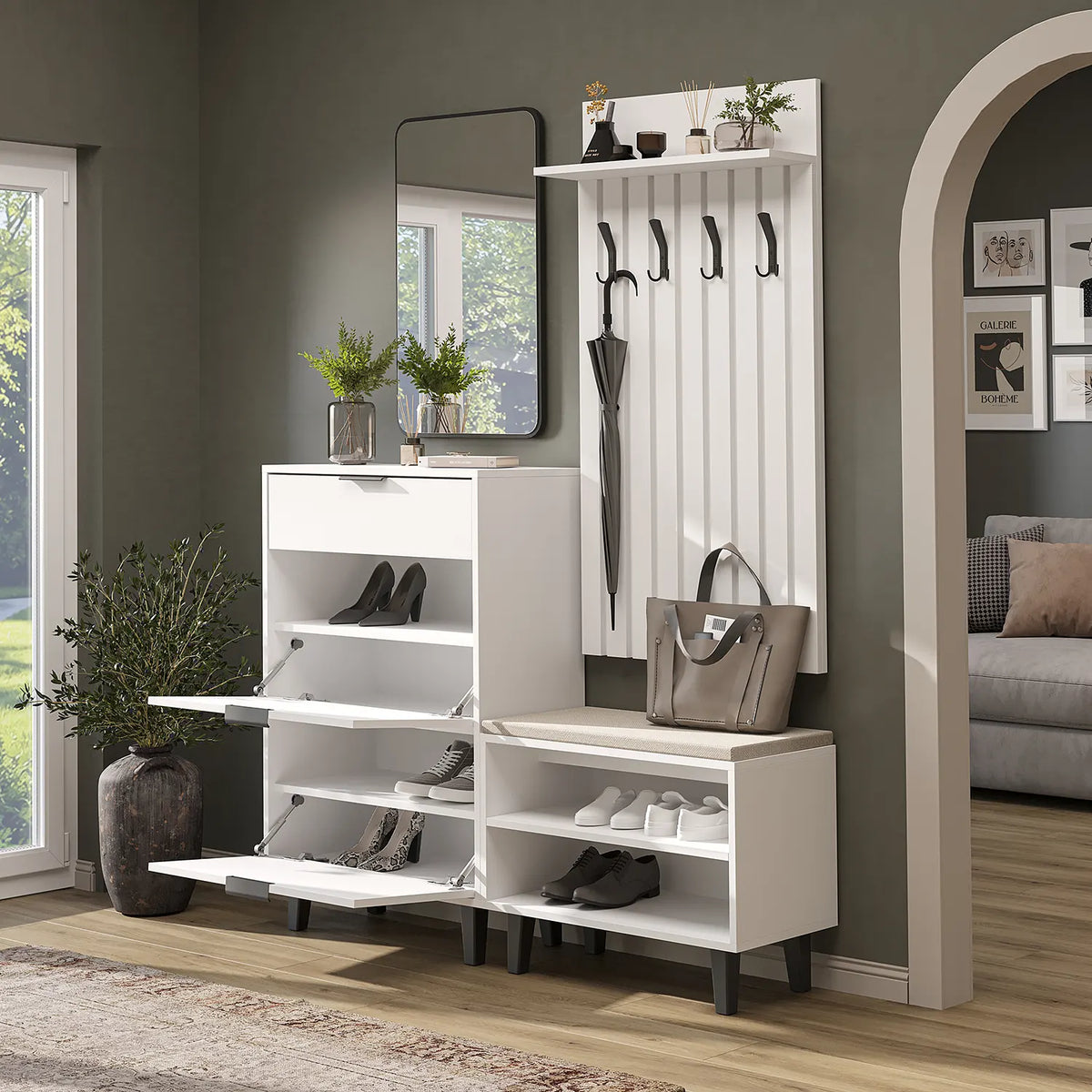 Roomart 4-teiliges Garderobenset NORD, mit Schuhschrank, Sitzbank, Garderobenpaneel 130 cm und Spiegel, in 2 Farben