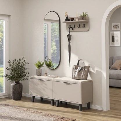 Roomart 4-teiliges Garderobenset NORD in Beige mit 2 Sitzbänken mit Schuhklappe, Wandgarderobe und ovalem Spiegel im Flur