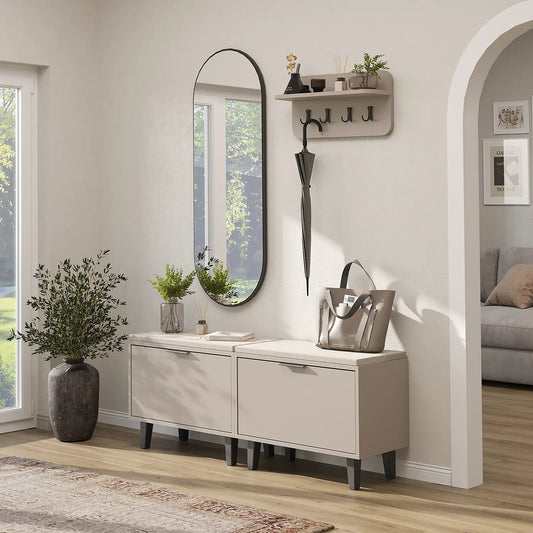 Roomart 4-teiliges Garderobenset NORD in Beige mit 2 Sitzbänken mit Schuhklappe, Wandgarderobe und ovalem Spiegel im Flur