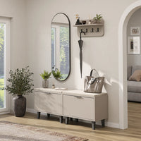 Roomart 4-teiliges Garderobenset NORD in Beige mit 2 Sitzbänken mit Schuhklappe, Wandgarderobe und ovalem Spiegel im Flur