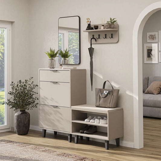 Roomart 4-teiliges Garderobenset NORD in Beige mit Schuhschrank, Sitzbank, Wandgarderobe und Spiegel im Flur