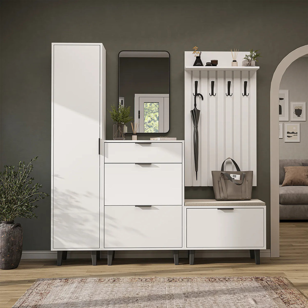 Roomart Garderobenset NORD in Weiß mit Hochschrank, Schuhschrank, Sitzbank, Garderobenpaneel und Spiegel im Flur