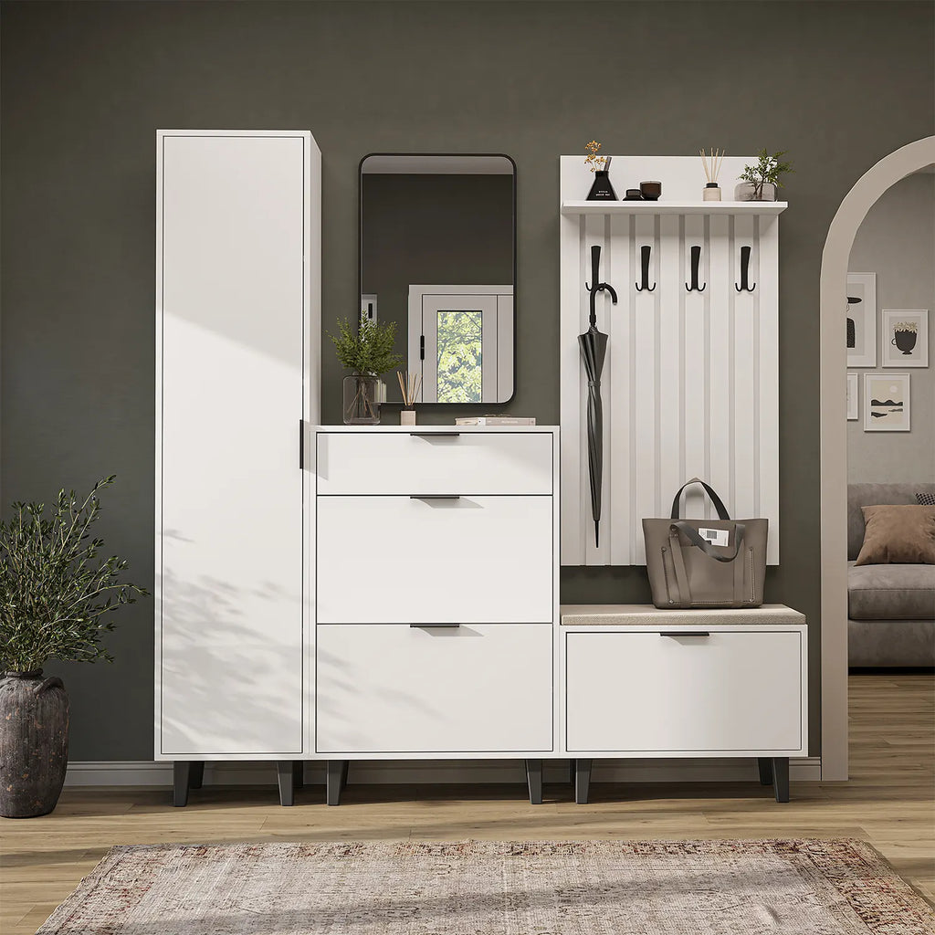 Roomart Garderobenset NORD in Weiß mit Hochschrank, Schuhschrank, Sitzbank, Garderobenpaneel und Spiegel im Flur