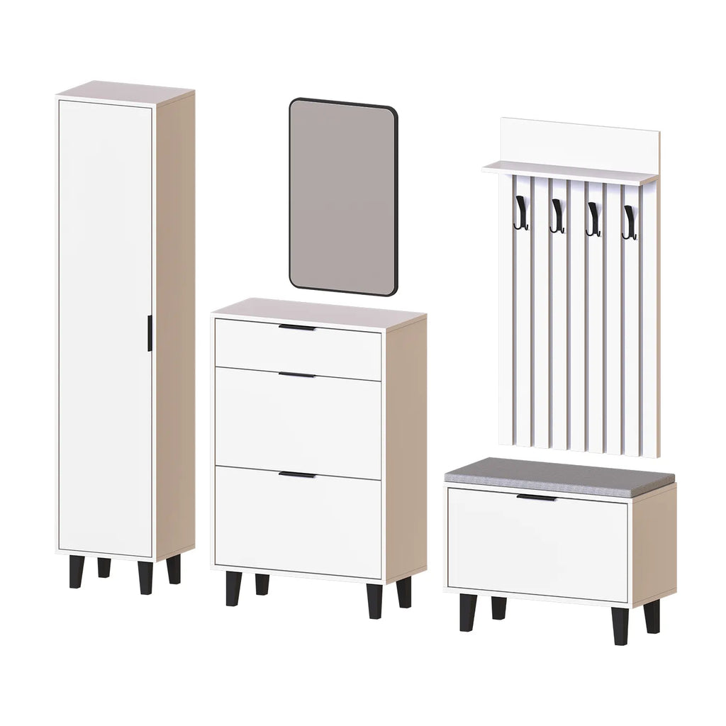 Roomart 5-teiliges Garderobenset NORD, mit Hochschrank, Schuhschrank, Sitzbank, Garderobenpaneel und Spiegel, in 2 Farben