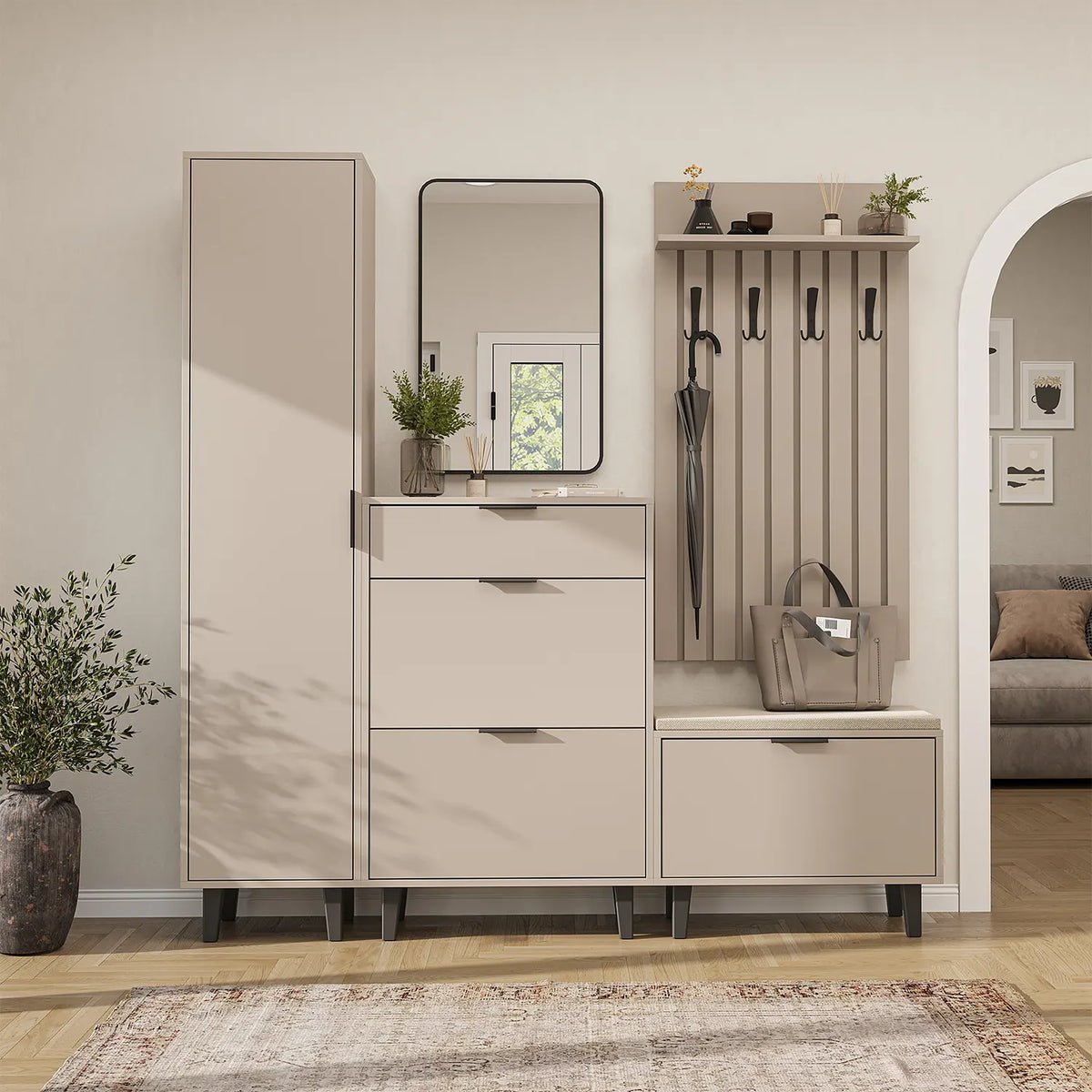 Garderobenset NORD in Beige, Flurgarderobe mit Sitzbank und Spiegel