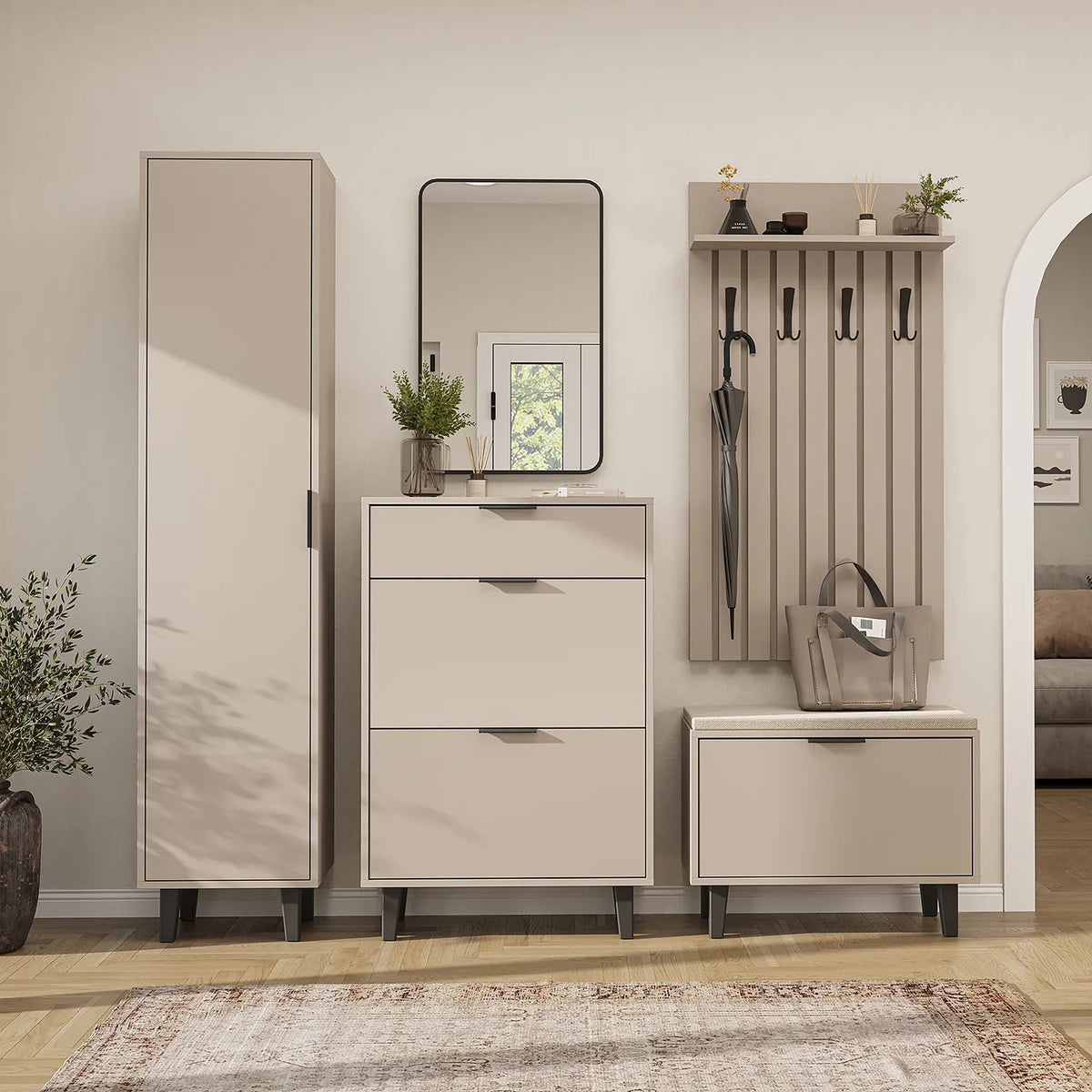 Roomart 5-teiliges Garderobenset NORD, mit Hochschrank, Schuhschrank, Sitzbank, Garderobenpaneel und Spiegel, in 2 Farben