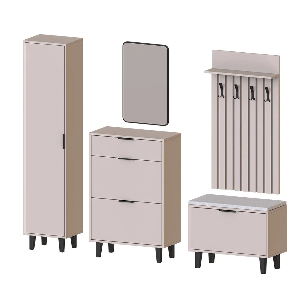 Roomart 5-teiliges Garderobenset NORD, mit Hochschrank, Schuhschrank, Sitzbank, Garderobenpaneel und Spiegel, in 2 Farben