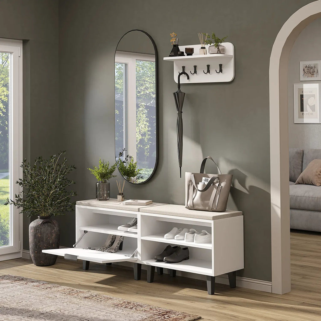 Roomart 4-teiliges Garderobenset NORD, mit 2 Sitzbänken (offen und mit Schuhklappe), Wandgarderobe und ovalem Spiegel, in 2 Farben
