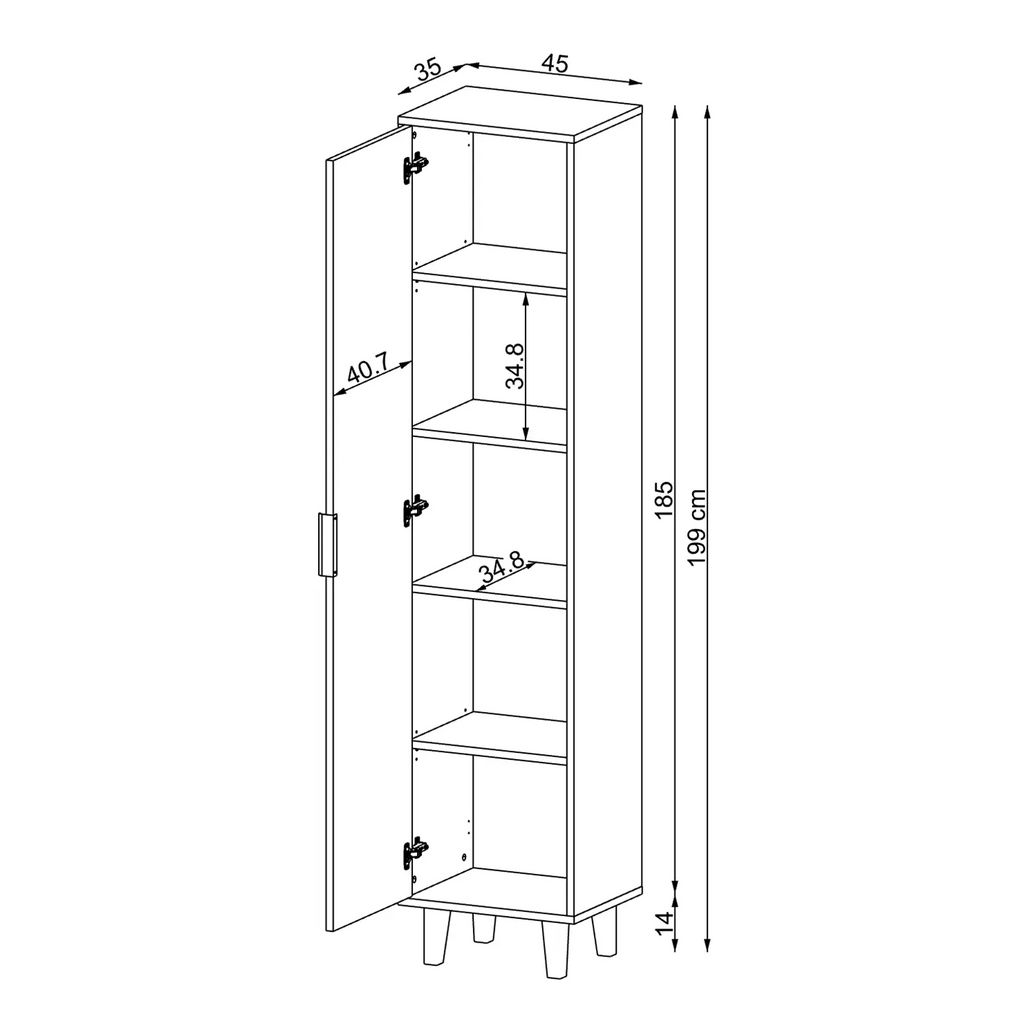 Technische Zeichnung Hochschrank NORD 45 x 35 x 199 cm