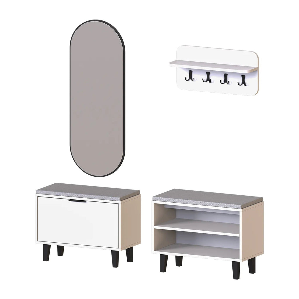 Roomart 4-teiliges Garderobenset NORD, mit 2 Sitzbänken (offen und mit Schuhklappe), Wandgarderobe und ovalem Spiegel, in 2 Farben