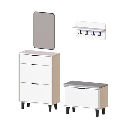 Roomart 4-teiliges Garderobenset NORD, mit Schuhschrank, Sitzbank mit Schuhklappe, Wandgarderobe und Spiegel, in 2 Farben