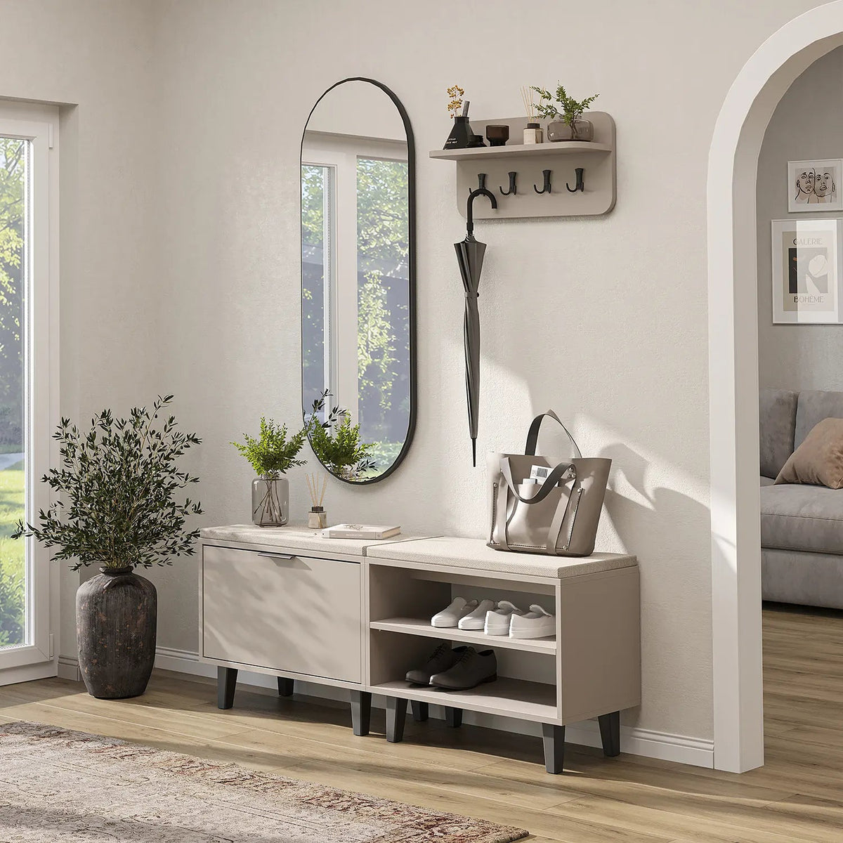 Roomart 4-teiliges Garderobenset NORD, mit 2 Sitzbänken (offen und mit Schuhklappe), Wandgarderobe und ovalem Spiegel, in 2 Farben