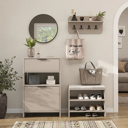 Garderobenset LENA in Beige mit Schuhschrank, Sitzbank und rundem Spiegel