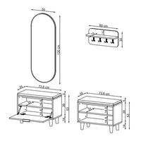 Roomart 4-teiliges Garderobenset NORD, mit 2 Sitzbänken (offen und mit Schuhklappe), Wandgarderobe und ovalem Spiegel, in 2 Farben