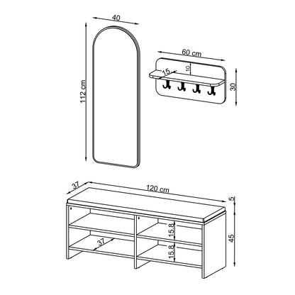Roomart 3-teiliges Garderobenset LENA, mit Sitzbank 120 cm, Wandgarderobe und Bogenspiegel, in 2 Farben