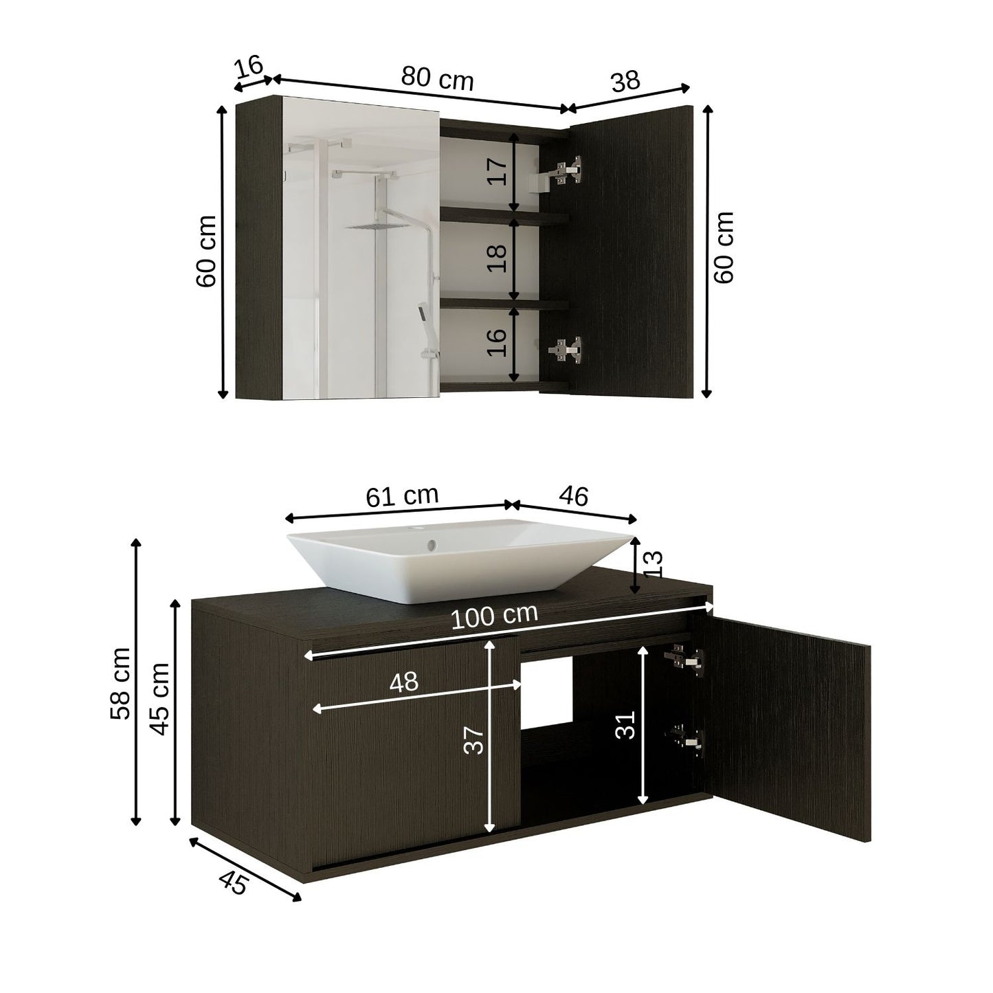 Roomart • Badmöbel Set • ATLANTIC • 3 Teilig • 100 cm Unterschrank mit Keramikwaschbecken   • 80 cm Spiegelschrank