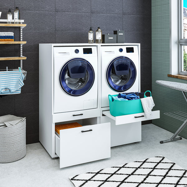 Roomart Waschmaschinen-Doppelschrank SERIE 2 – 134 cm Überbauschrank für 2 Waschmaschinen & Trockner, mit Ausziehbrett, Waschküchenschrank in 3 Farben
