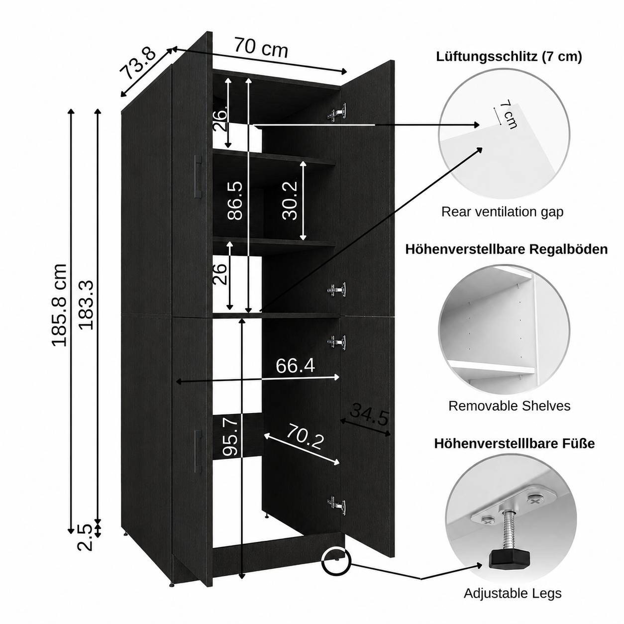 Roomart Waschmaschinenschrank - SERIE DORA-II-  Überbauschrank für Waschmaschine & Trockner mit Regalböden – Waschturm für Waschküche & Hauswirtschaftsraum – in 5 Farben (Weiß, Weiß-Eiche, Anthrazit-Eiche, Eiche, Schwarz-Eiche)