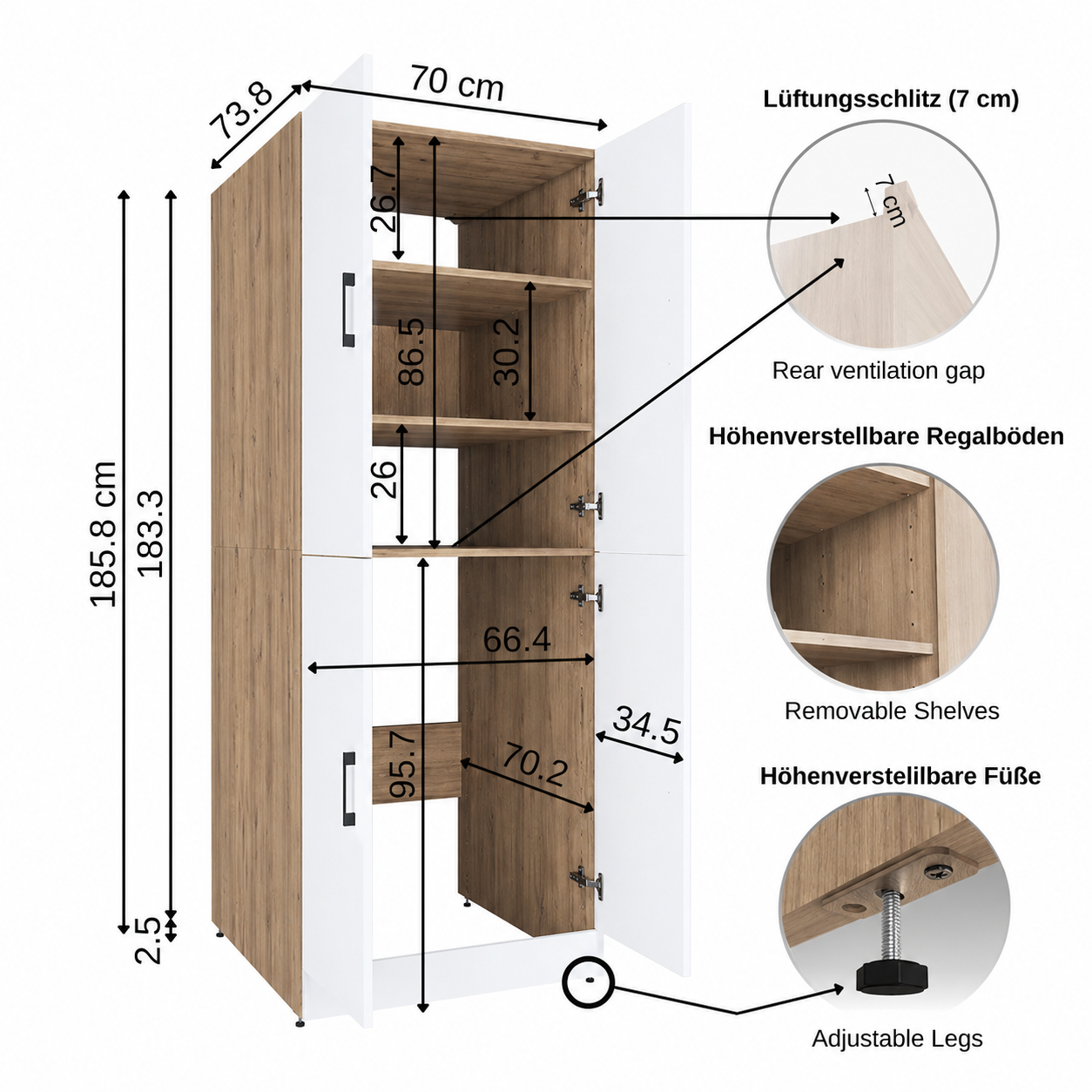 Roomart Waschmaschinenschrank - SERIE DORA-II-  Überbauschrank für Waschmaschine & Trockner mit Regalböden – Waschturm für Waschküche & Hauswirtschaftsraum – in 5 Farben (Weiß, Weiß-Eiche, Anthrazit-Eiche, Eiche, Schwarz-Eiche)