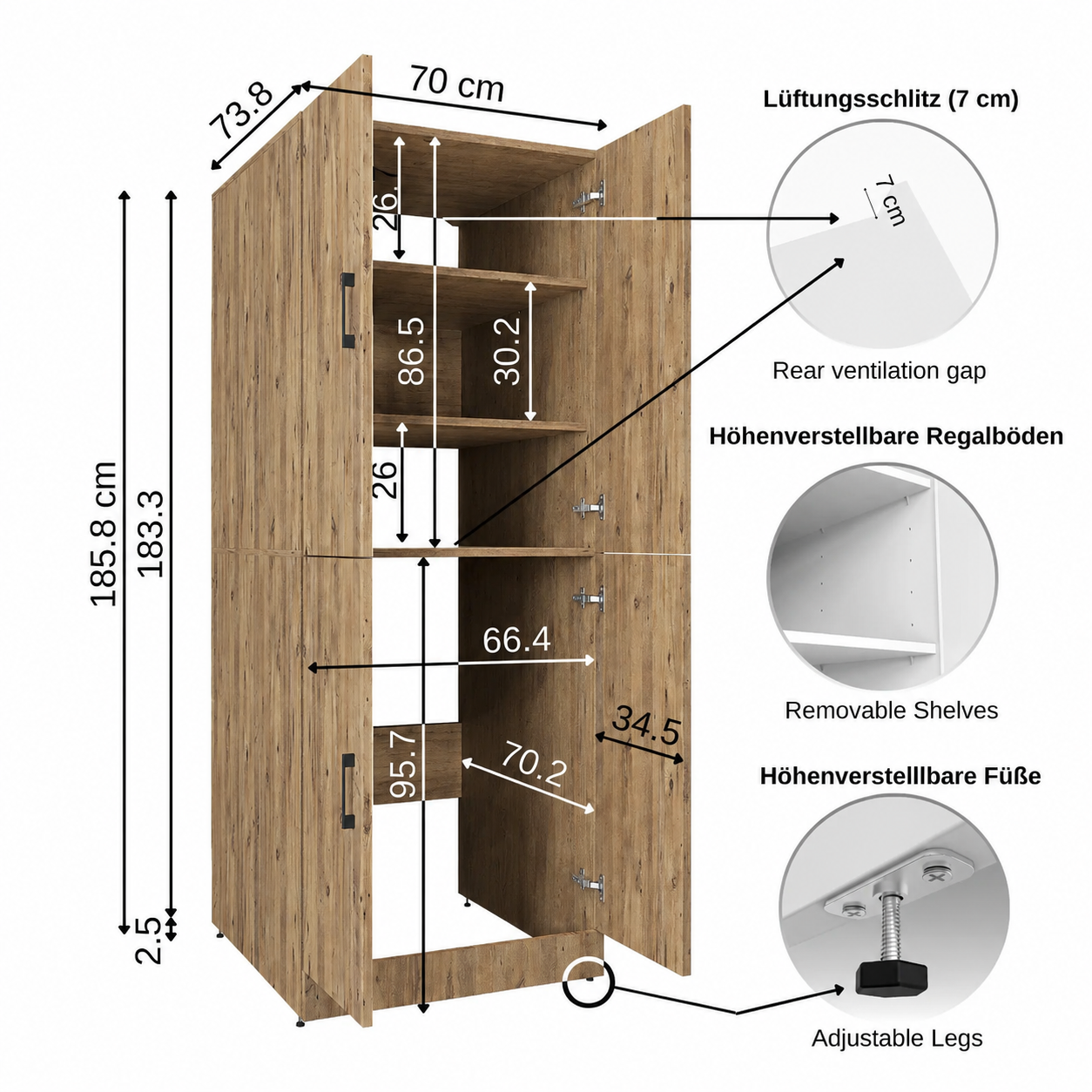 Roomart Waschmaschinenschrank - SERIE DORA-II-  Überbauschrank für Waschmaschine & Trockner mit Regalböden – Waschturm für Waschküche & Hauswirtschaftsraum – in 5 Farben (Weiß, Weiß-Eiche, Anthrazit-Eiche, Eiche, Schwarz-Eiche)