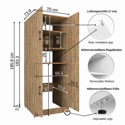 Roomart Waschmaschinenschrank - SERIE DORA-II-  Überbauschrank für Waschmaschine & Trockner mit Regalböden – Waschturm für Waschküche & Hauswirtschaftsraum – in 5 Farben (Weiß, Weiß-Eiche, Anthrazit-Eiche, Eiche, Schwarz-Eiche)