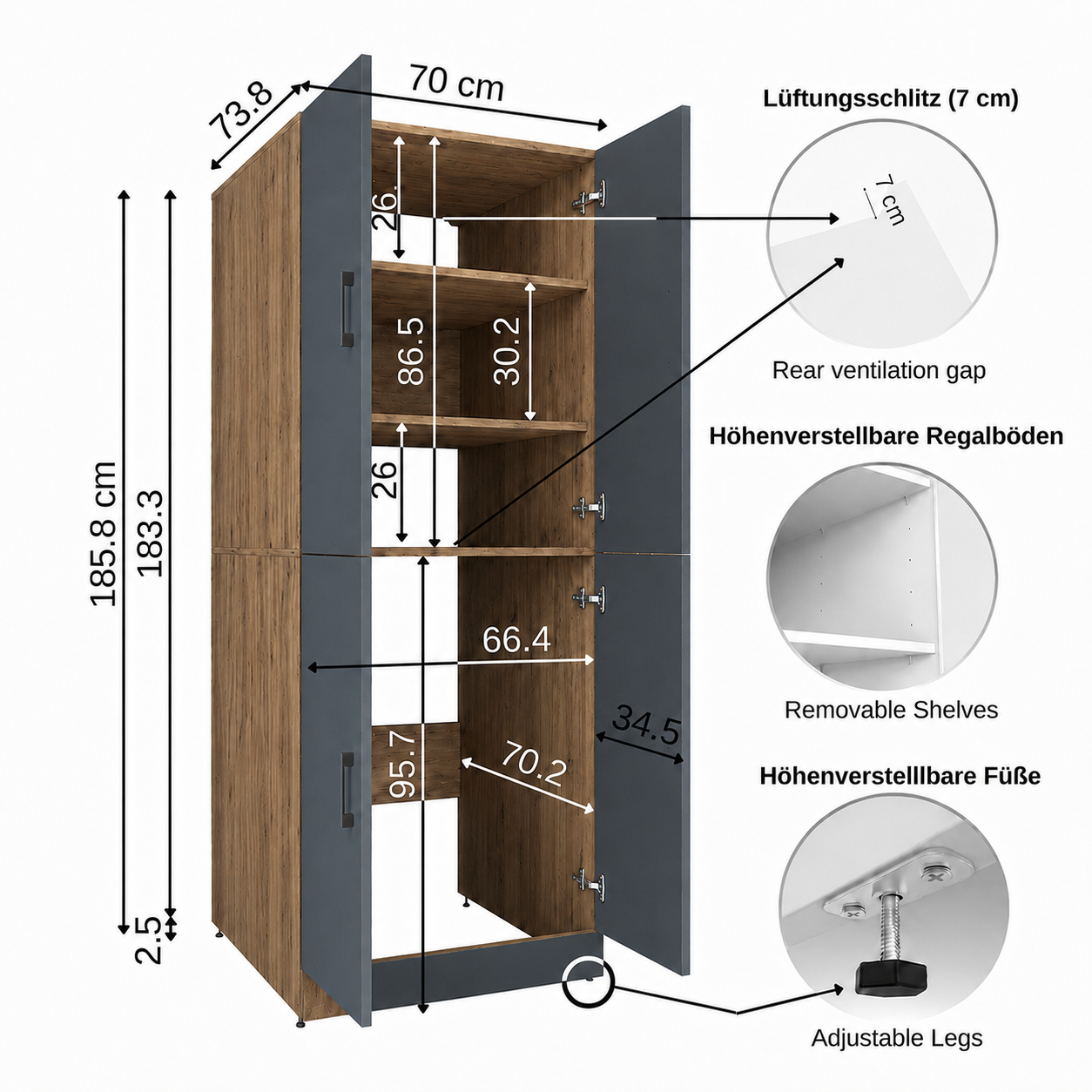 Roomart Waschmaschinenschrank - SERIE DORA-II-  Überbauschrank für Waschmaschine & Trockner mit Regalböden – Waschturm für Waschküche & Hauswirtschaftsraum – in 5 Farben (Weiß, Weiß-Eiche, Anthrazit-Eiche, Eiche, Schwarz-Eiche)