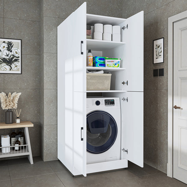 Roomart Waschmaschinenschrank - SERIE DORA-II-  Überbauschrank für Waschmaschine & Trockner mit Regalböden – Waschturm für Waschküche & Hauswirtschaftsraum – in 5 Farben (Weiß, Weiß-Eiche, Anthrazit-Eiche, Eiche, Schwarz-Eiche)